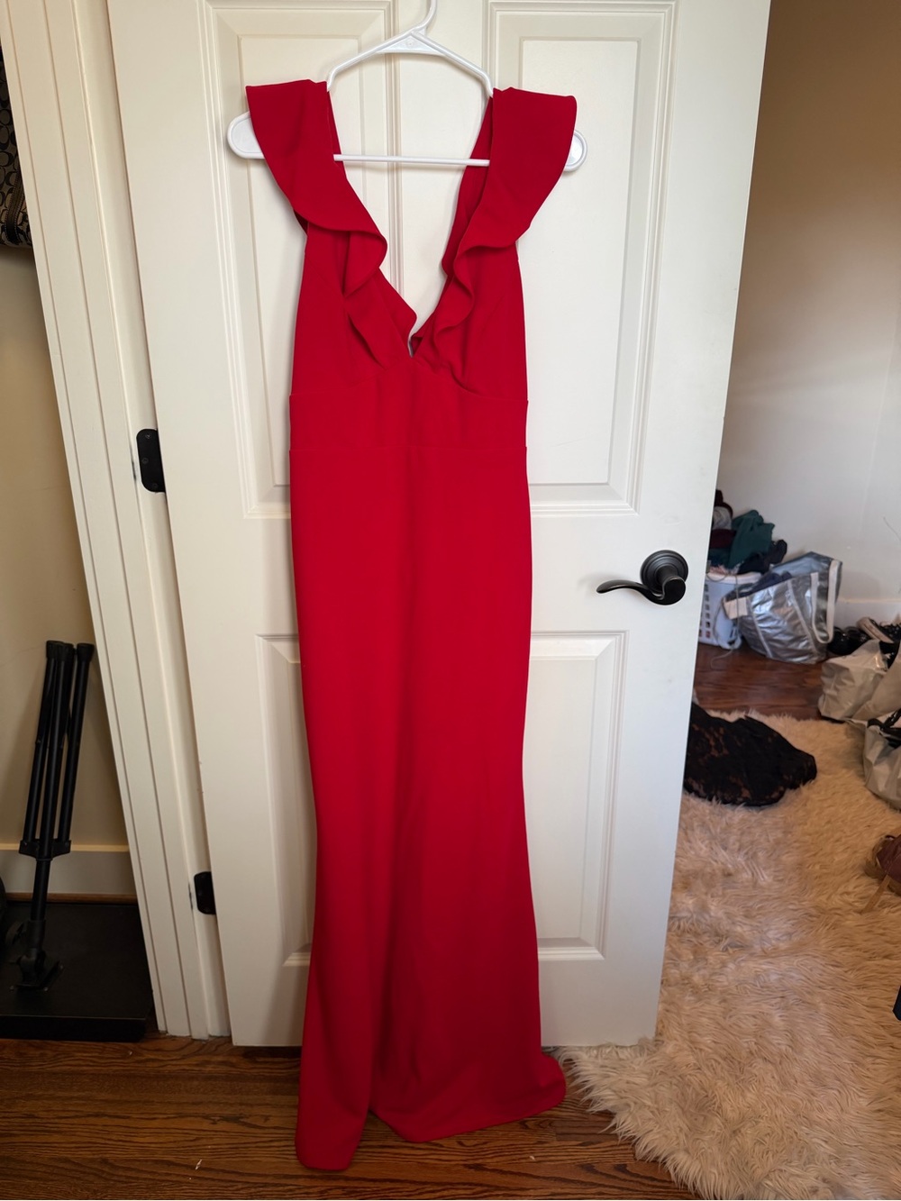 Lulu's Red Ruffle-Shoulder V-Neck Maxi Dress - Picture 2 of 6